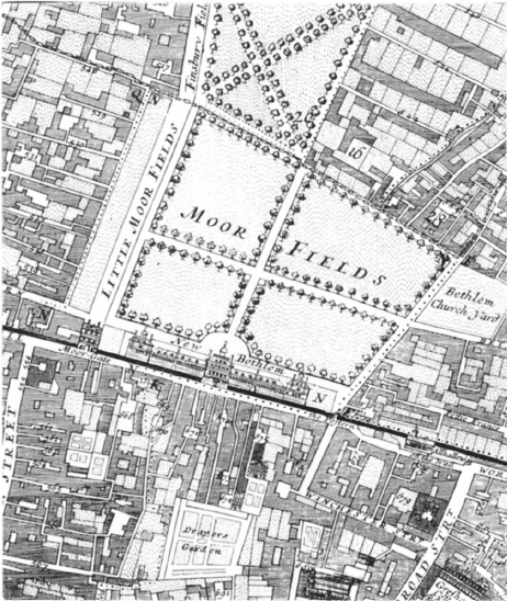 Plano de Moorfields en 1676, con el nuevo Hospital de Bethlem